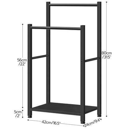 Black metal clothing rack with dimensions labeled on a white background