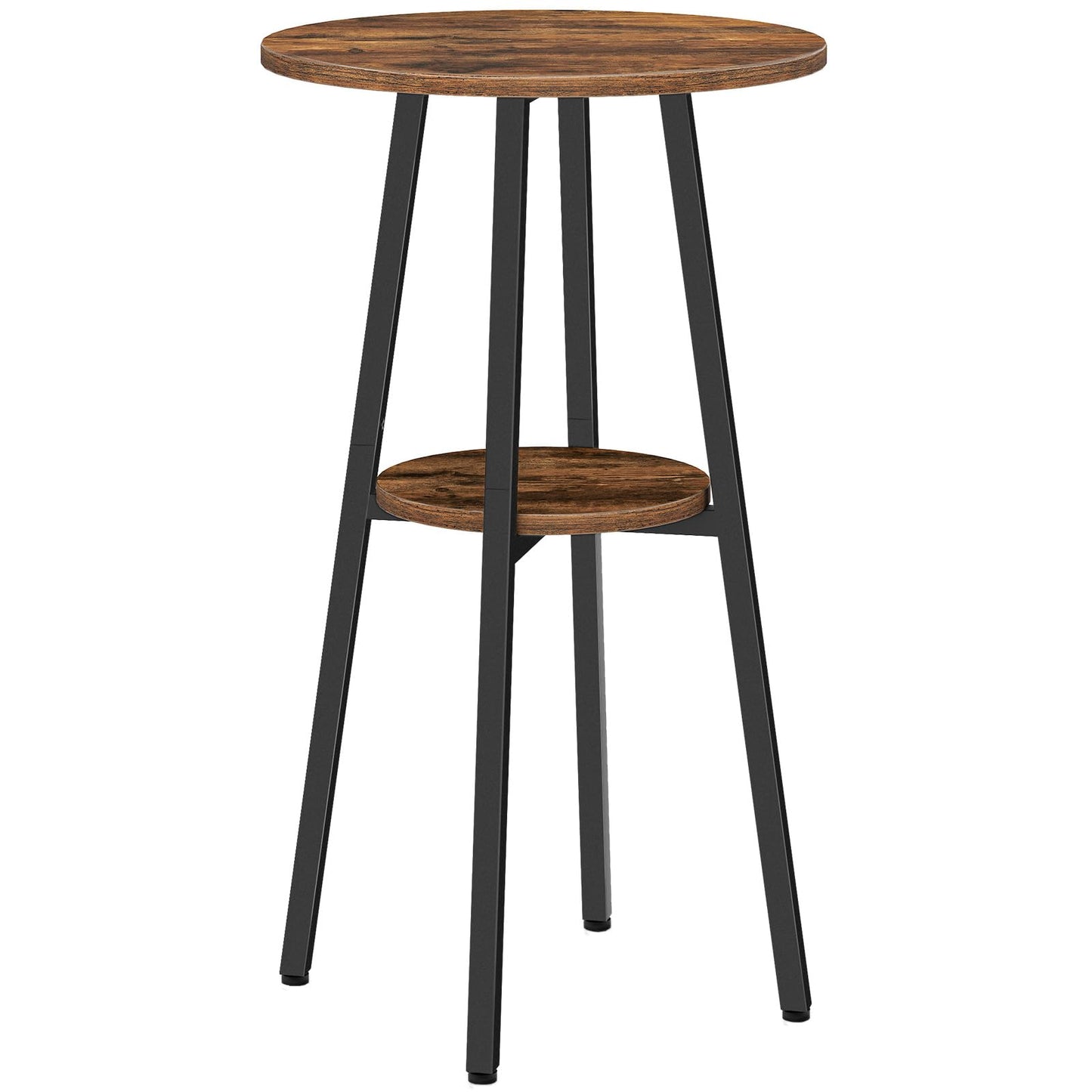 Small round wooden table with black metal legs on a white background