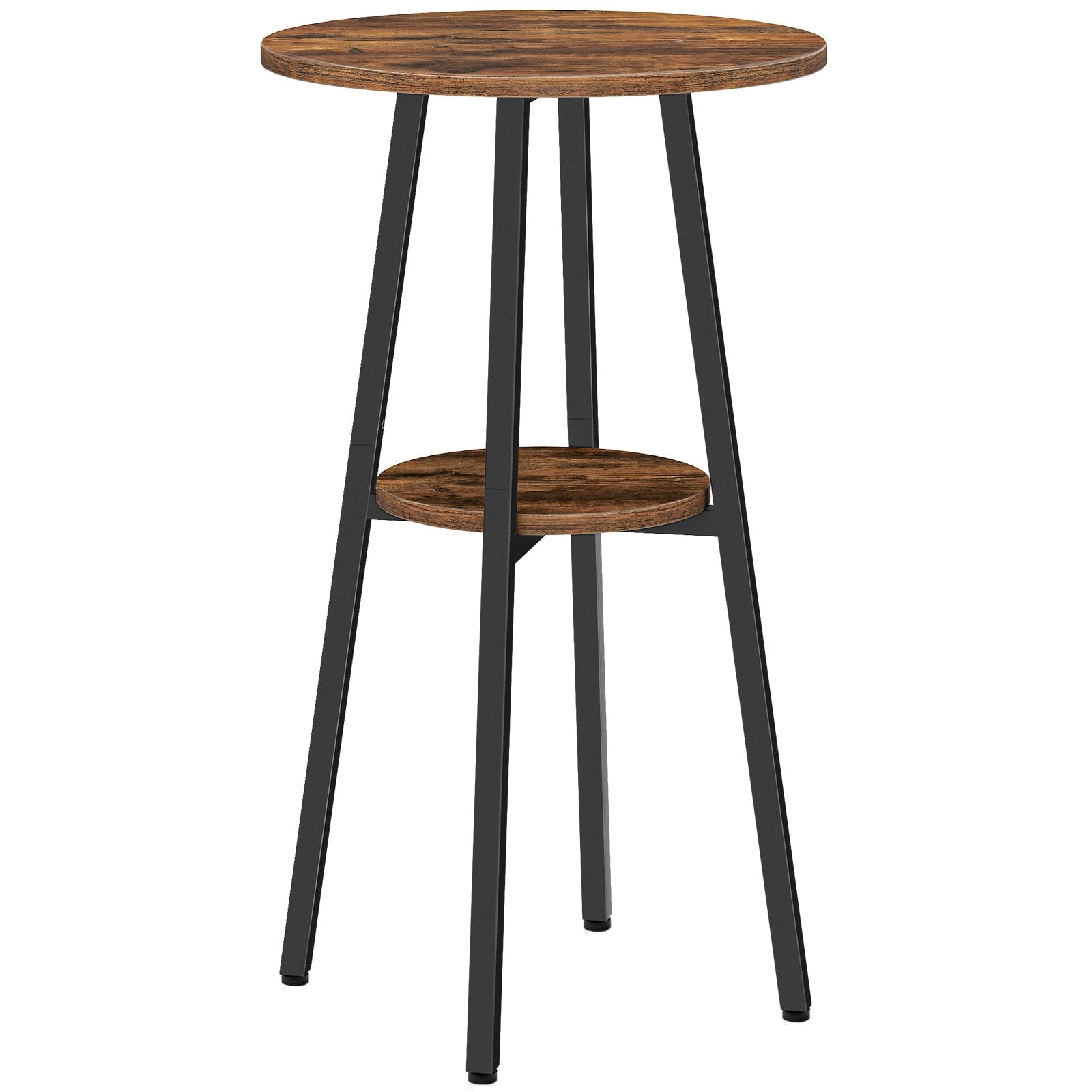 Small round wooden table with black metal legs on a white background