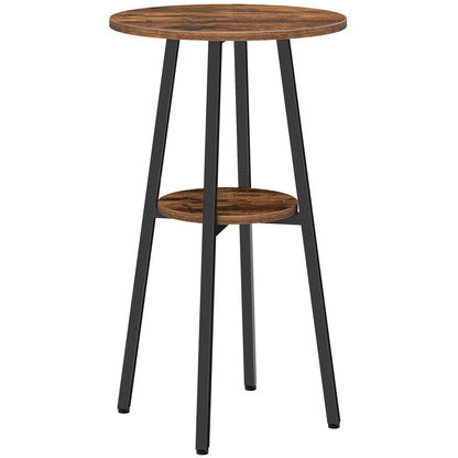 Small round wooden table with black metal legs on a white background
