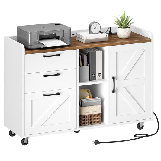 HOOBRO White Farmhouse Style Wooden Side-Pull Filing Cabinet with Charging Station & 3 Drawers & Cabinet Door