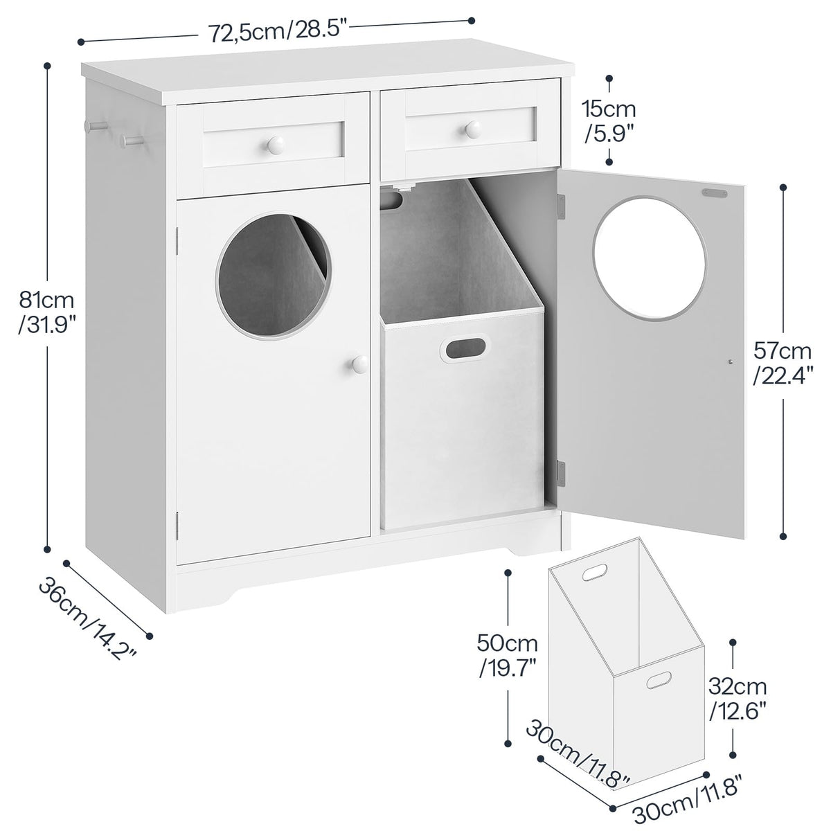 HOOBRO Double Laundry Hamper Cabinet, Hidden Laundry Cabinet with 2 Drawers & 2 Baskets, 20 Gallon Farmhouse Bathroom Laundry Hamper with 2 Clothes-Toss Holes, White WT36XY01
