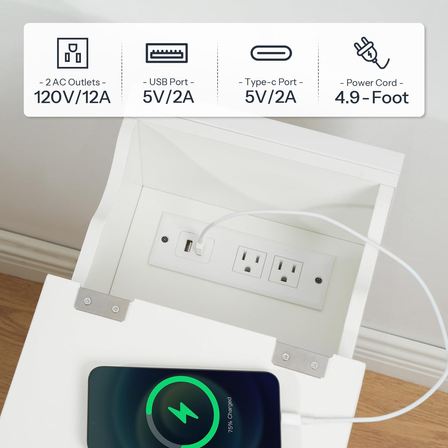 HOOBRO End Table with Charging Station, Narrow Side Table, Flip Top Nightstand with USB Ports and Outlets, Bedside Tables with Shelf for Small Spaces, Living Room, White WT341BZ01