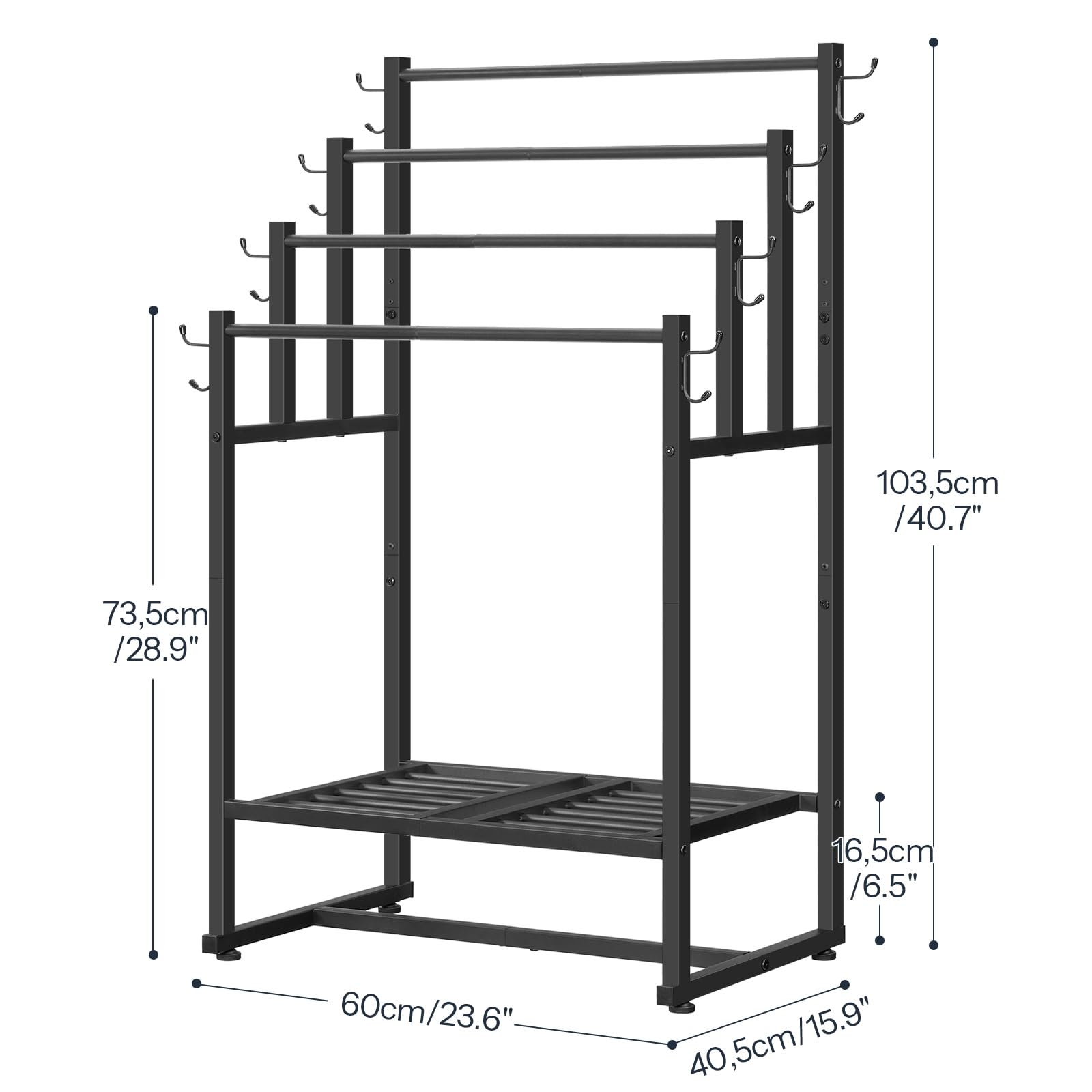 Black metal clothing rack with dimensions indicated on a white background