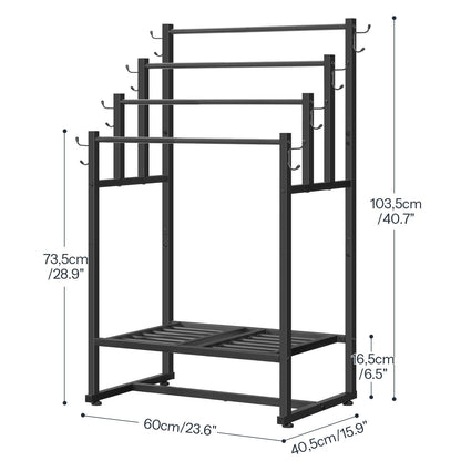 Black metal clothing rack with dimensions indicated on a white background