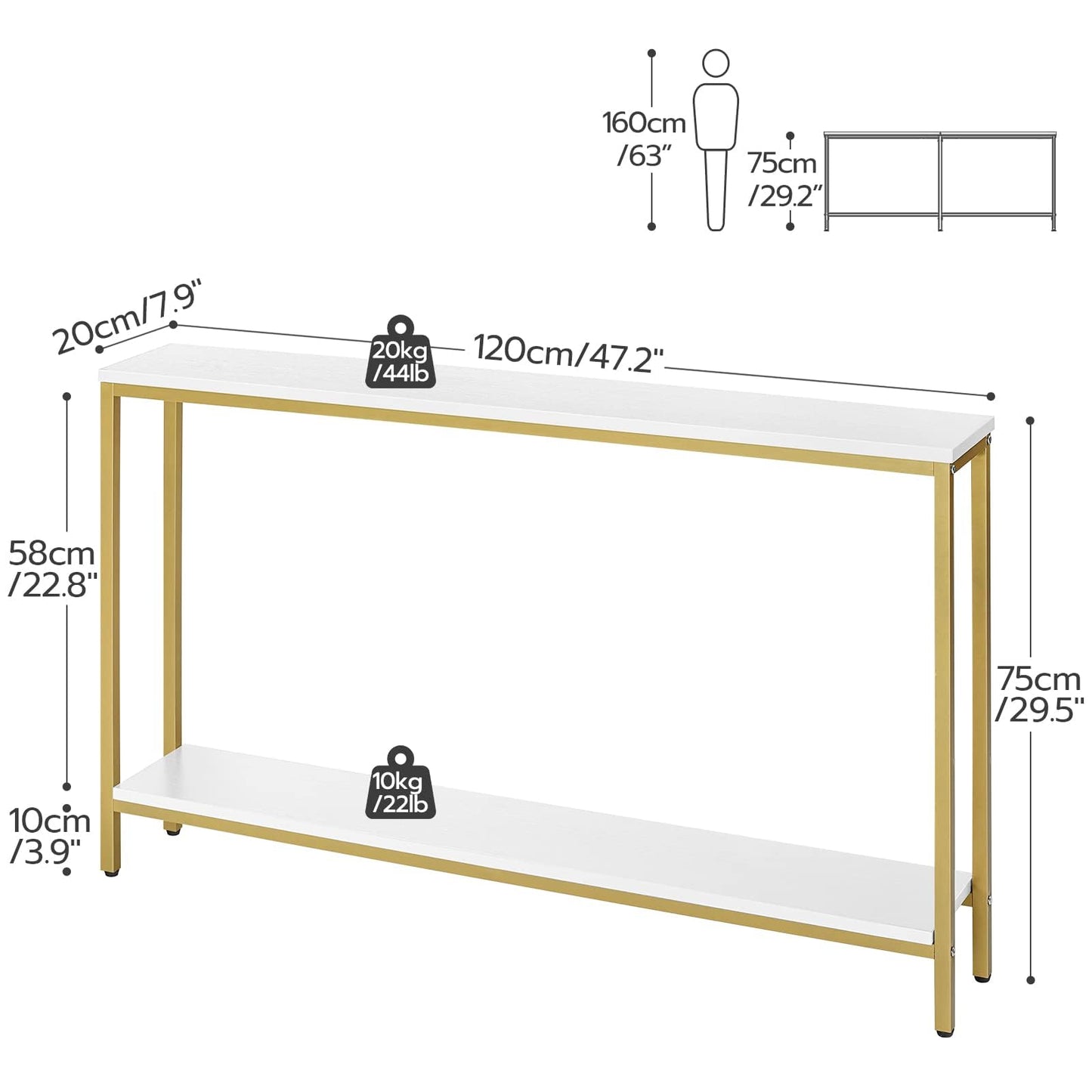 Console table with gold legs and white shelves, shown with measurements on a white background.