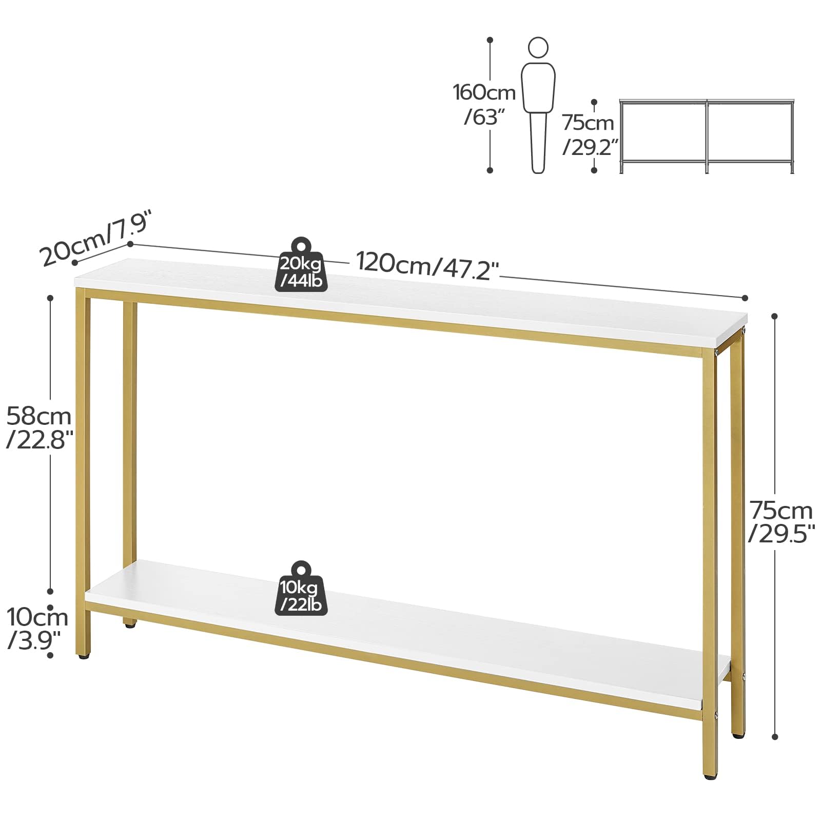 Console table with gold legs and white shelves, shown with measurements on a white background.