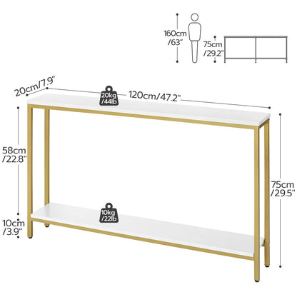 Console table with gold legs and white shelves, shown with measurements on a white background.