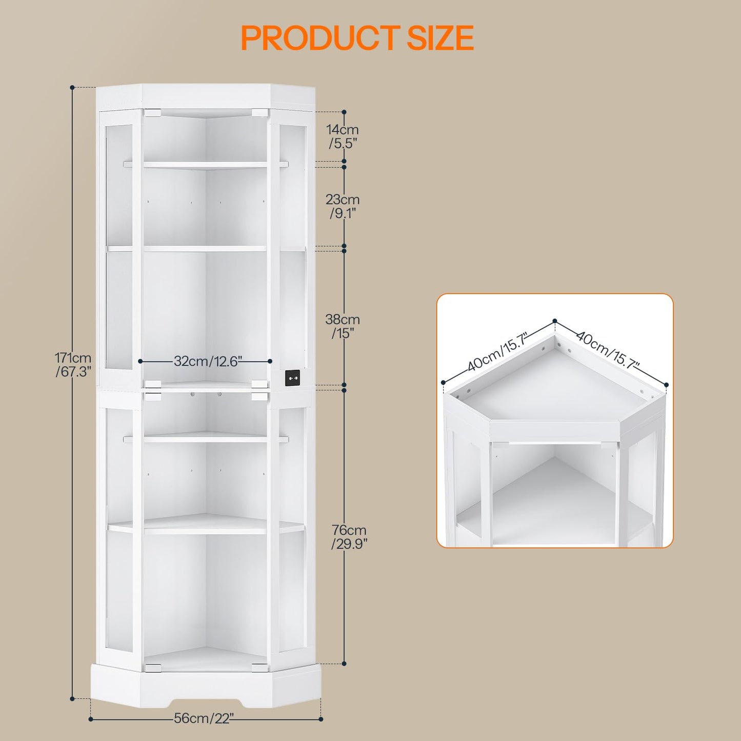 White corner cabinet with dimensions on a beige background