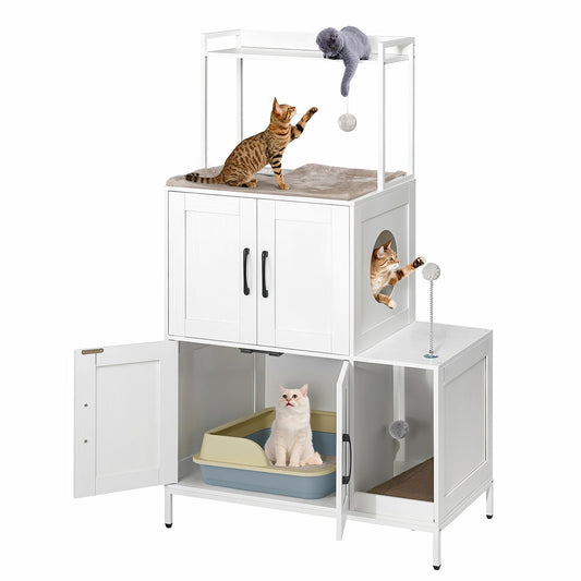 Multi-level cat play structure with cats interacting on a white background
