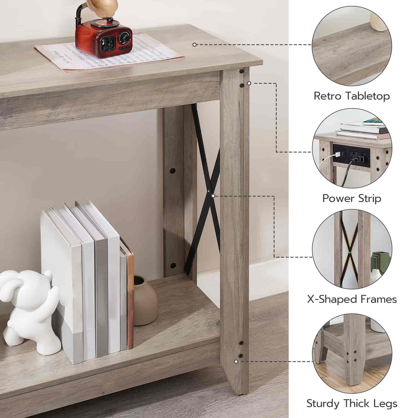Wooden console table with features highlighted, including retro tabletop, power strip, X-shaped frames, and sturdy thick legs.