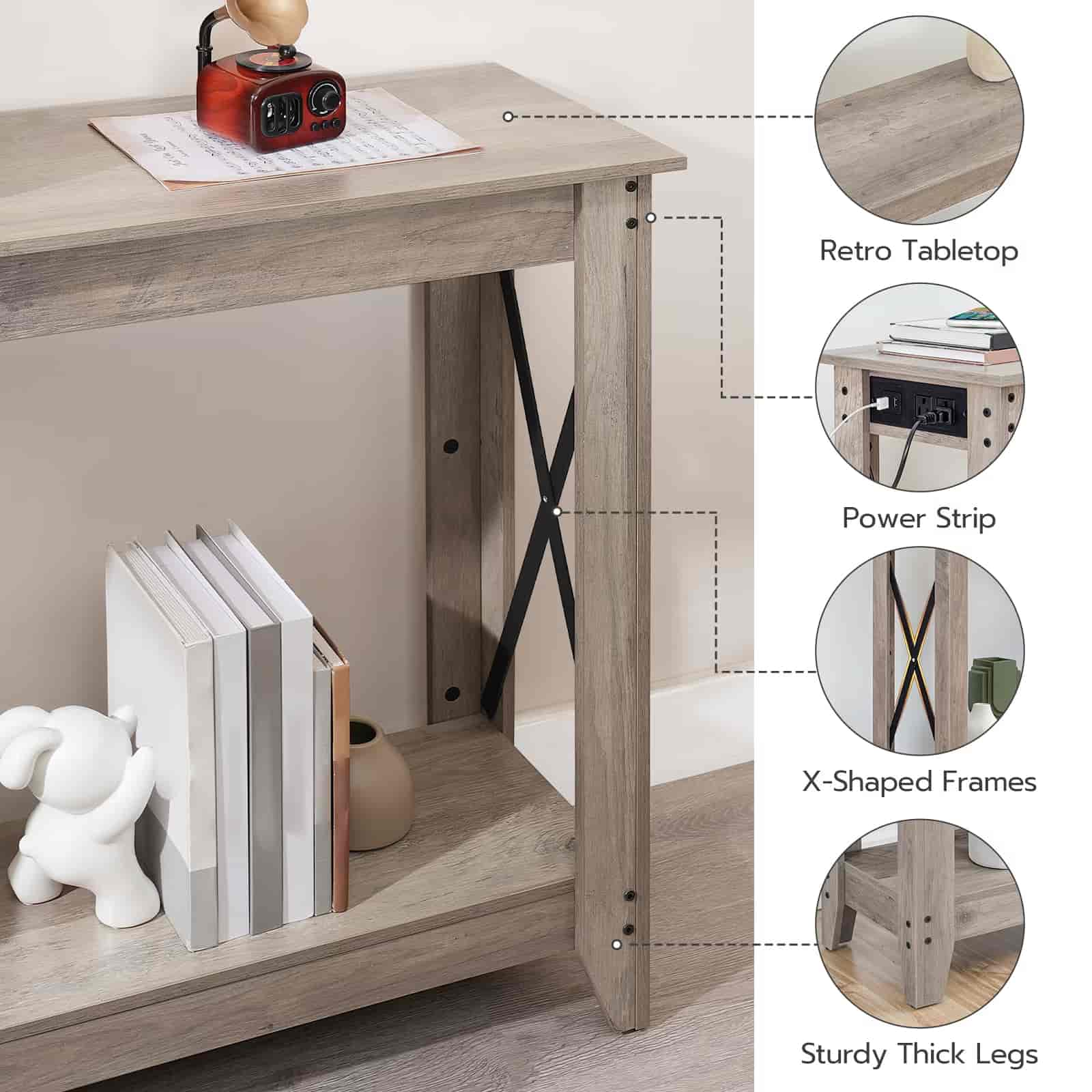 Wooden console table with features highlighted, including retro tabletop, power strip, X-shaped frames, and sturdy thick legs.