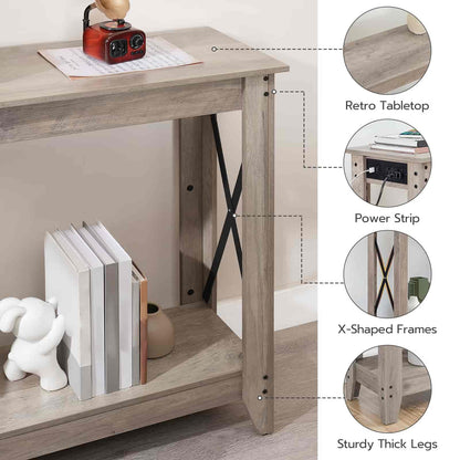 Wooden console table with features highlighted, including retro tabletop, power strip, X-shaped frames, and sturdy thick legs.