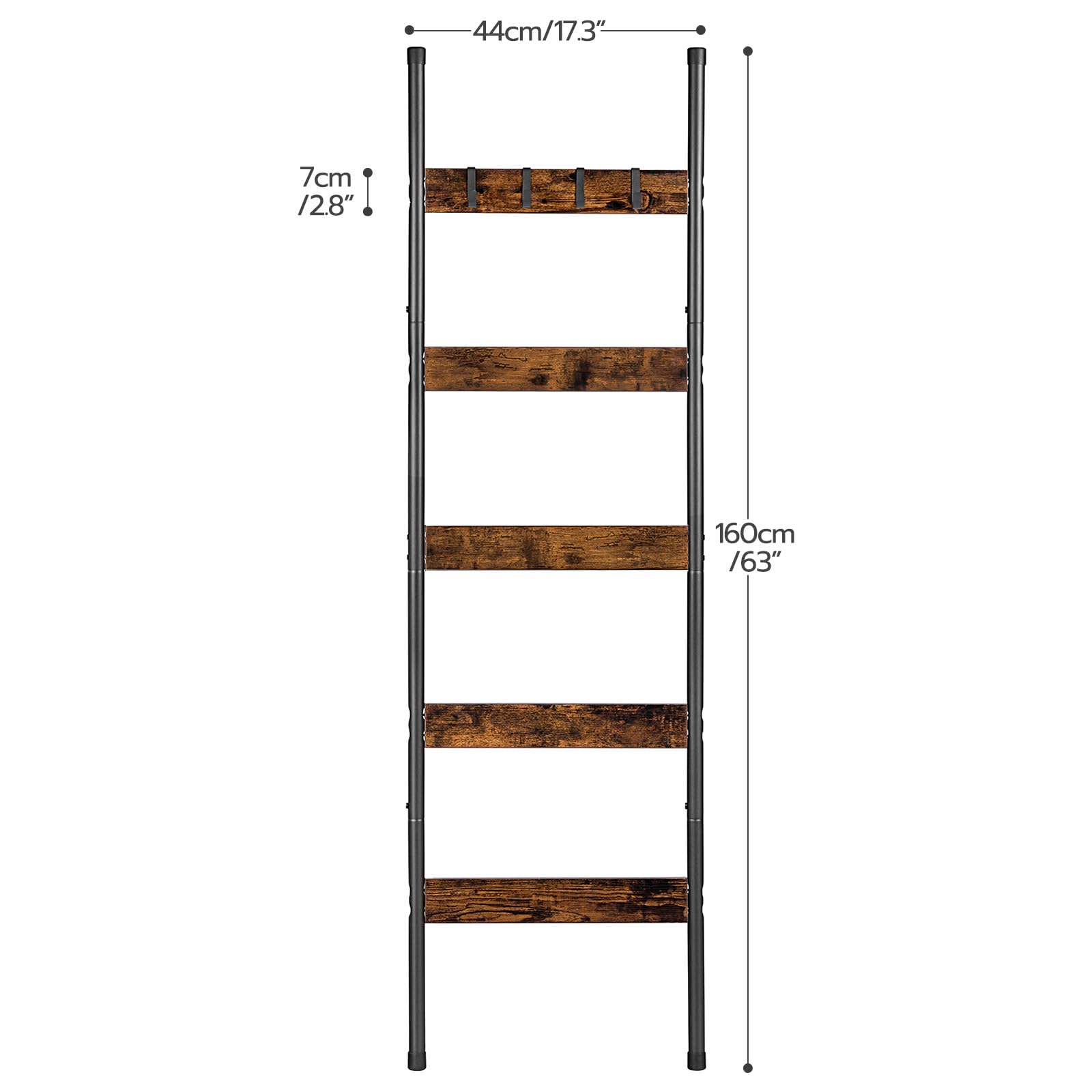 Size dimensions chart for the 63-inch tall blanket ladder measuring 17.32 inches wide.