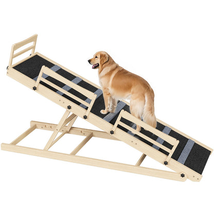 Dog standing on a wooden ramp with a white background