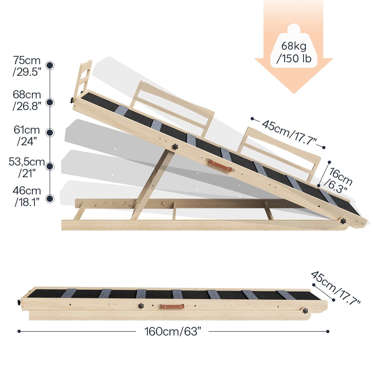 Wooden pet ramp with measurements on a white background