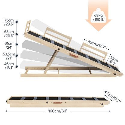 Wooden pet ramp with measurements on a white background