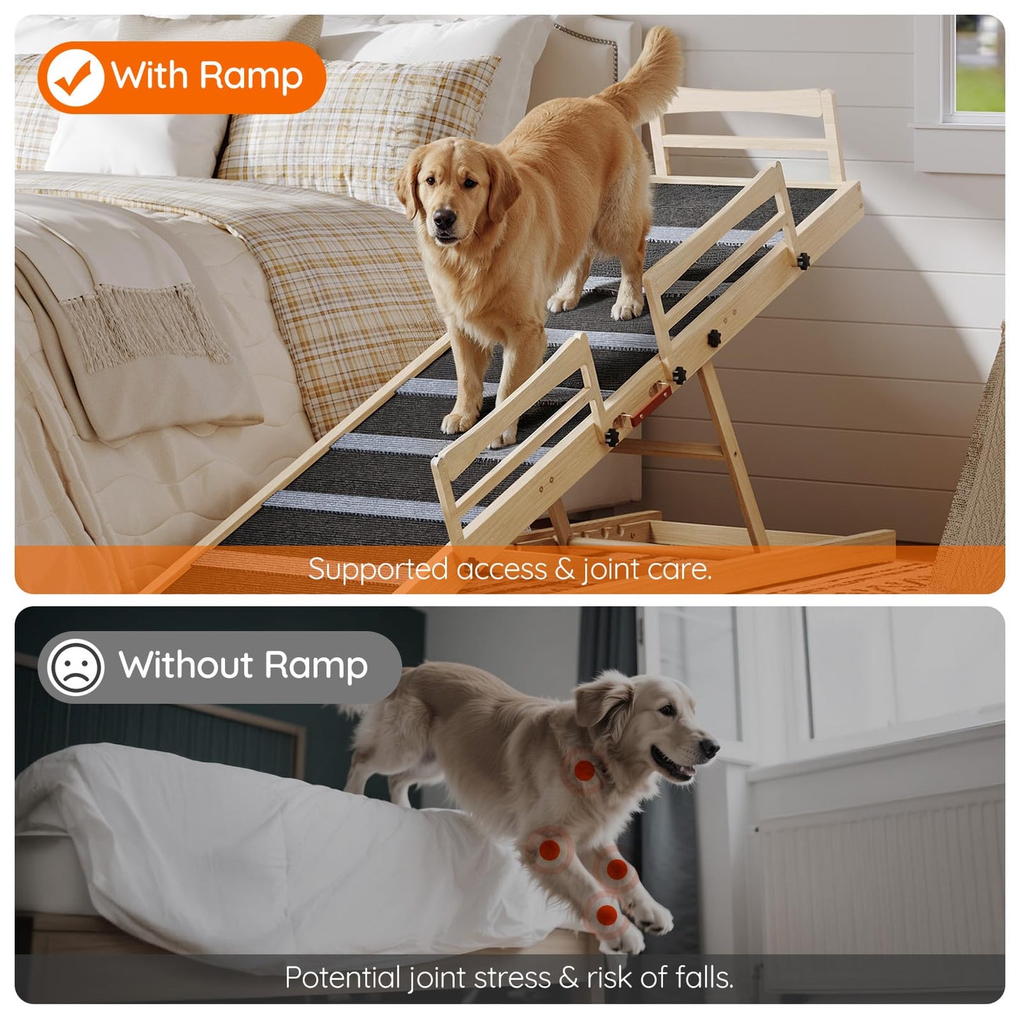 Dog using a ramp to climb onto a bed, with text indicating 'With Ramp' and 'Without Ramp'.