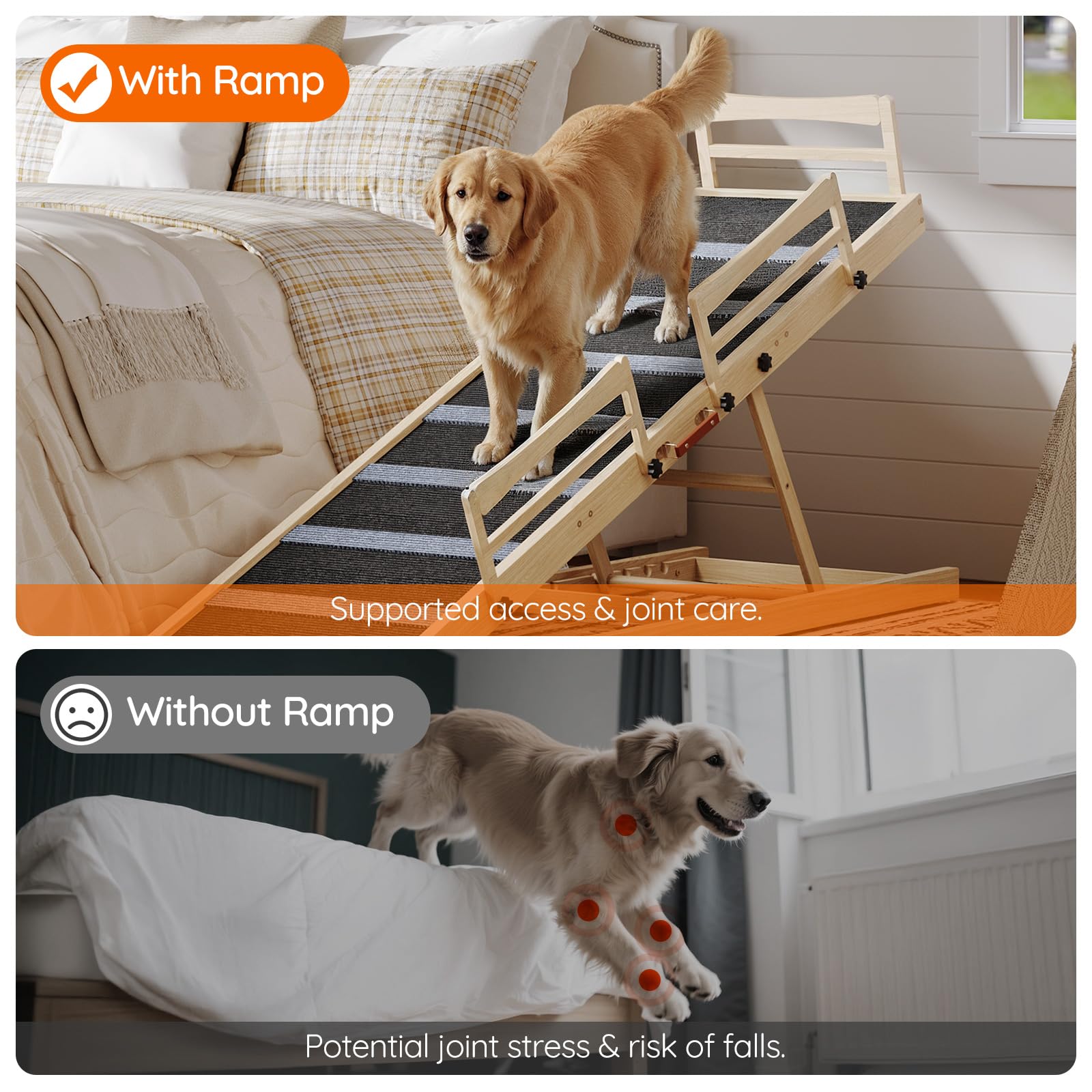 Dog using a ramp to climb onto a bed, with text indicating 'With Ramp' and 'Without Ramp'.