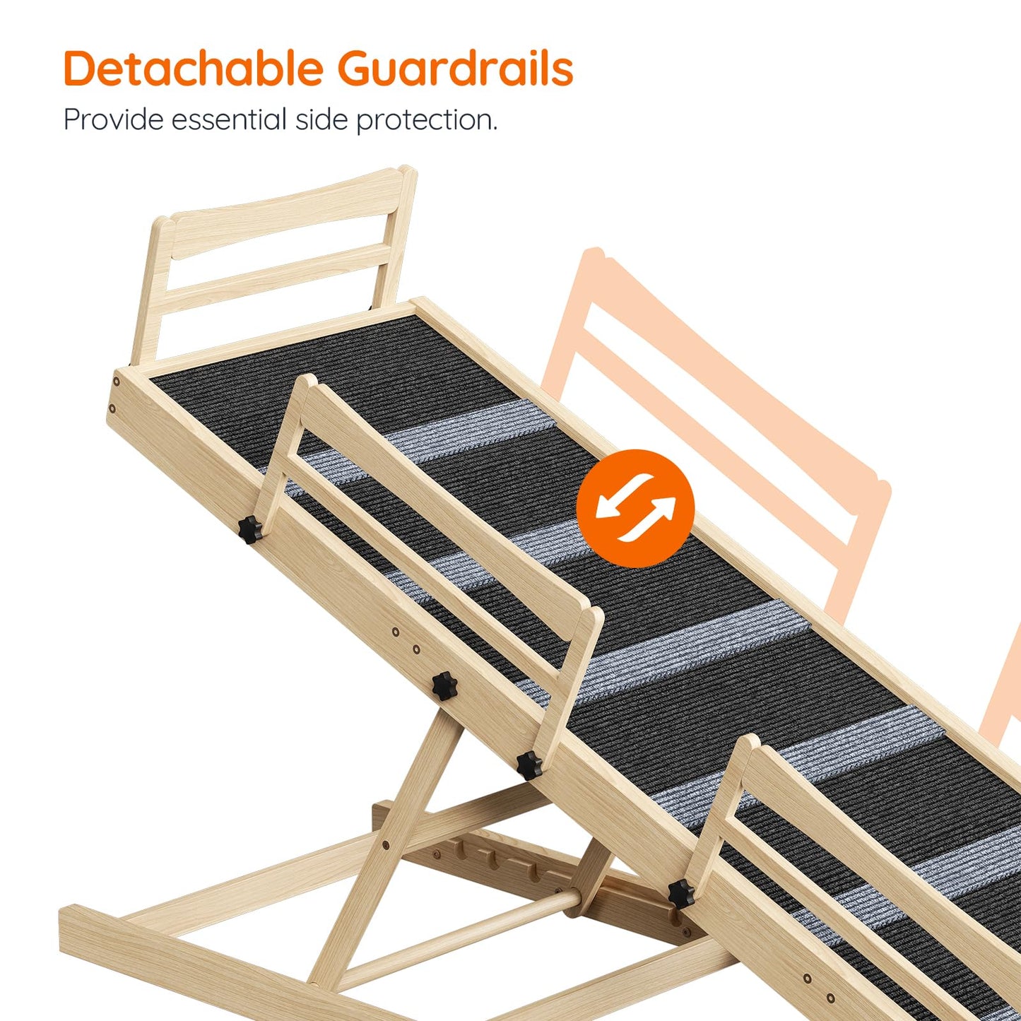 Wooden pet ramp with detachable guardrails on a white background