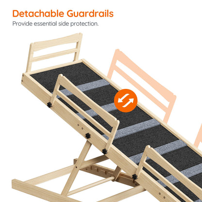 Wooden pet ramp with detachable guardrails on a white background
