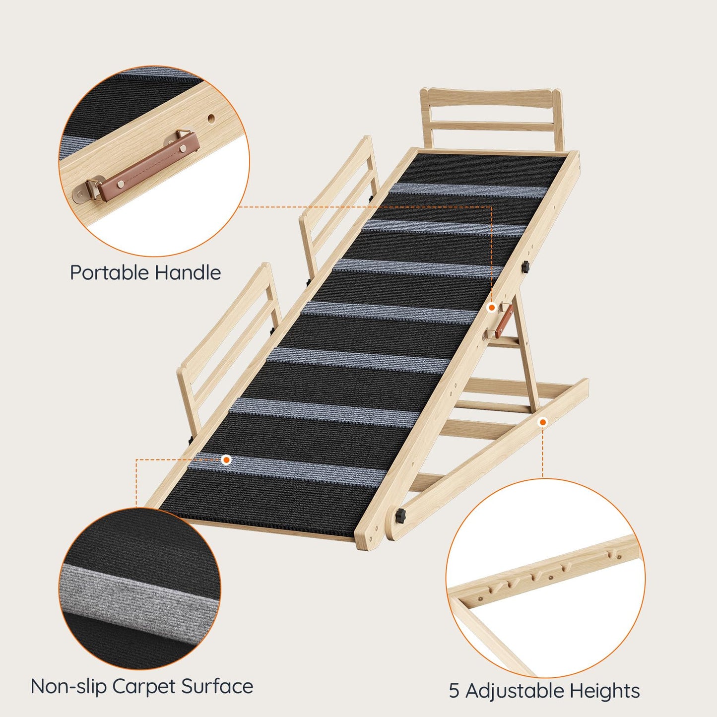 Portable folding chair with striped cushion, highlighted features include a portable handle, non-slip carpet surface, and 5 adjustable heights.