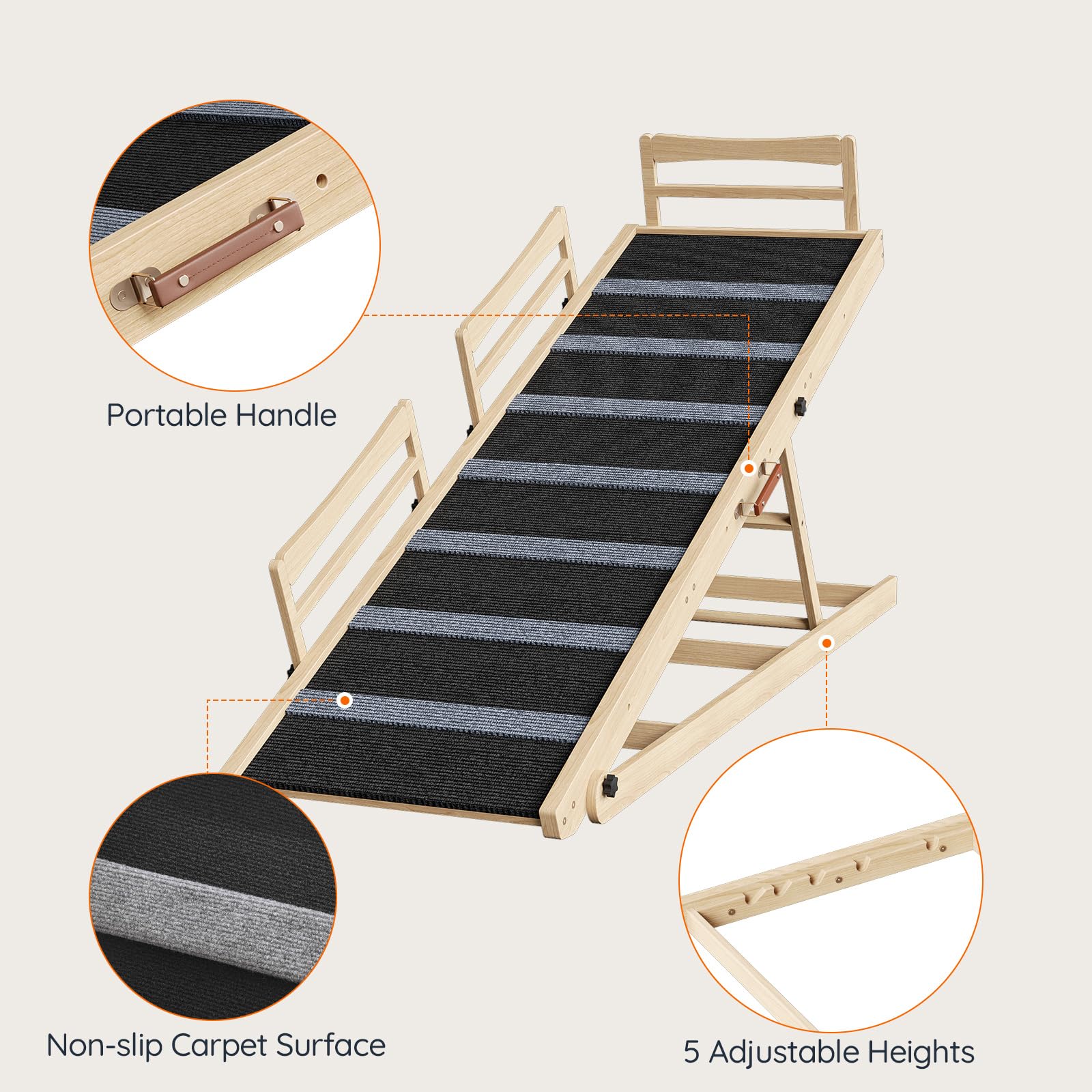 Portable folding chair with striped cushion, highlighted features include a portable handle, non-slip carpet surface, and 5 adjustable heights.