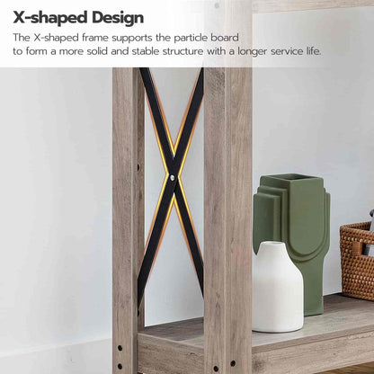 Wooden shelf with X-shaped frame design, featuring decorative items on a white background.