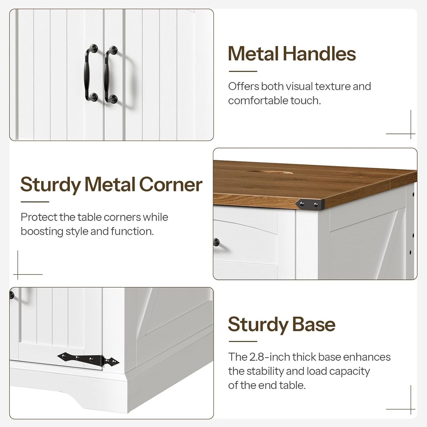 End table with metal handles, sturdy metal corner, and base on a white background