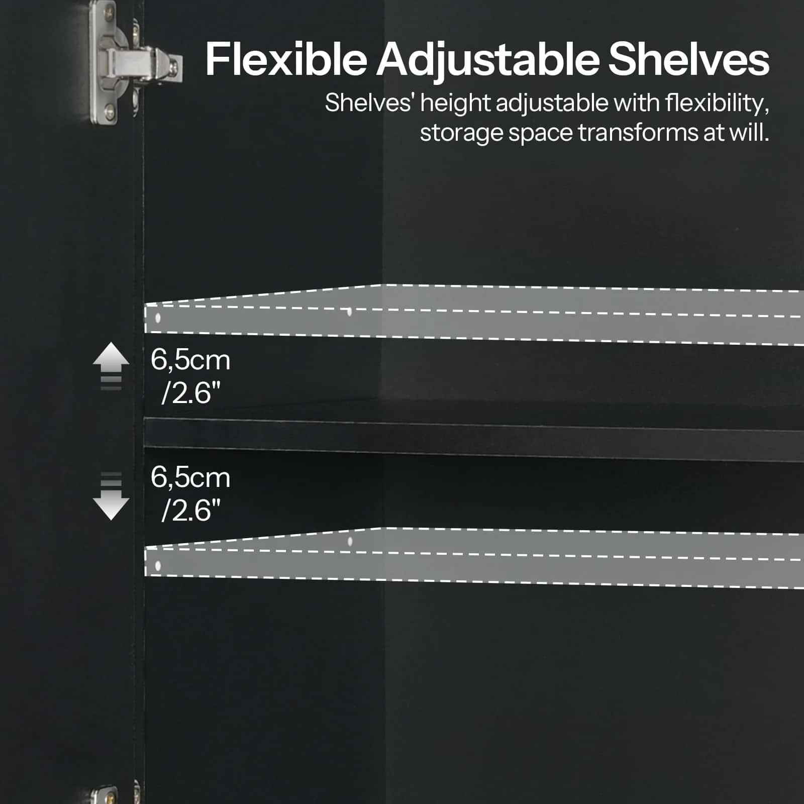 Flexible adjustable shelves with height measurement details on a black background