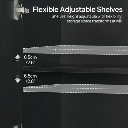 Flexible adjustable shelves with height measurement details on a black background
