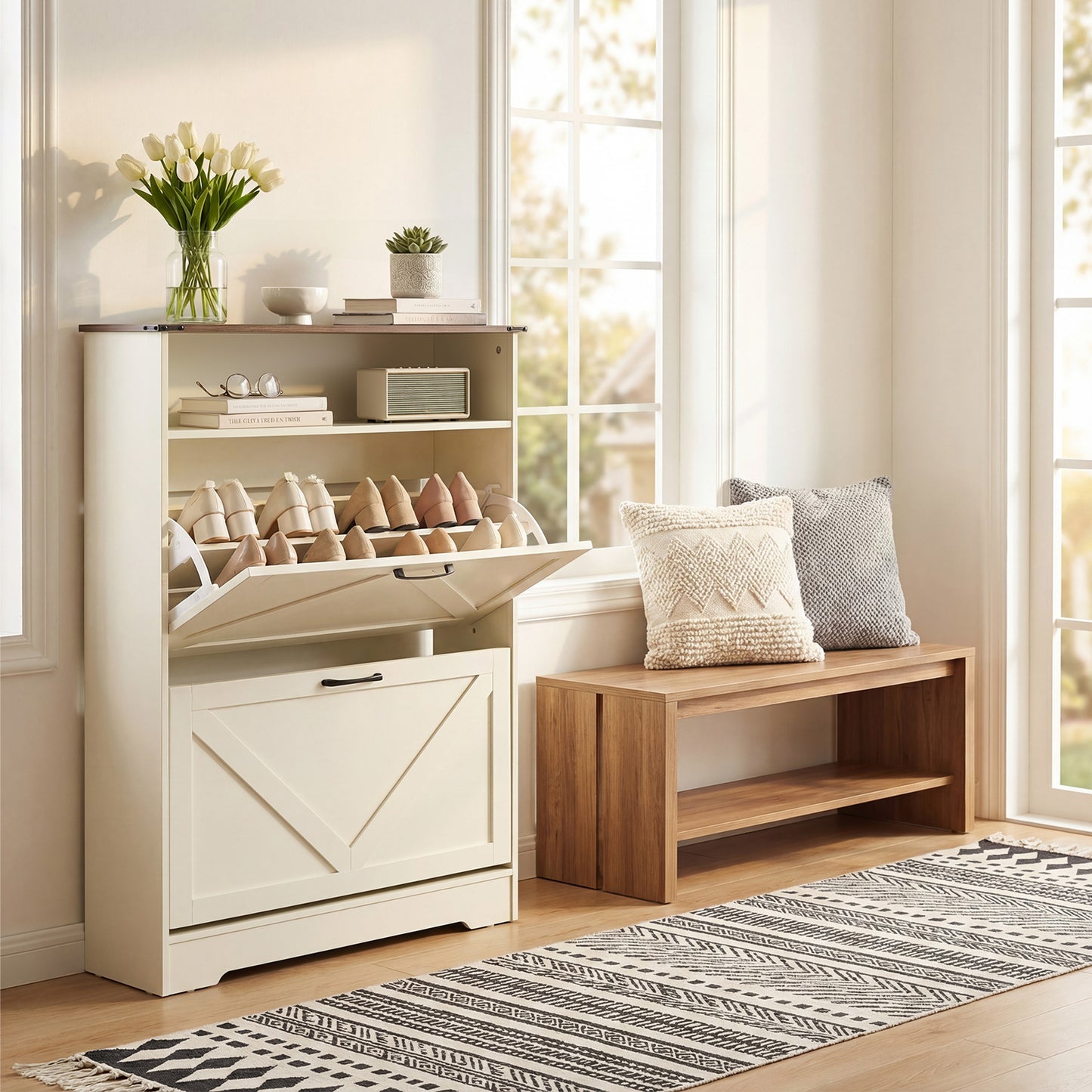 HOOBRO 31.5-inch L Farmhouse Shoe Storage Cabinet with 2 Flip Drawers