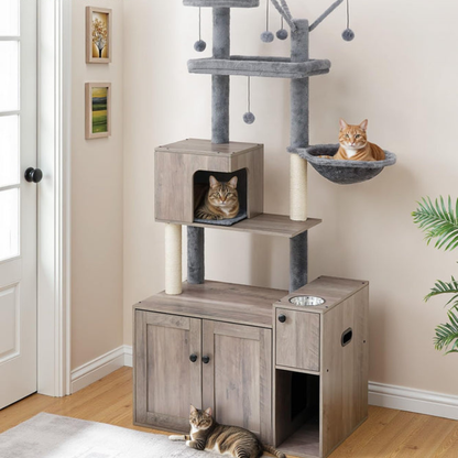 HOOBRO Greige 68.9-inch Concealed All-in-One Tall Cat Tree with Litter Box Enclosure