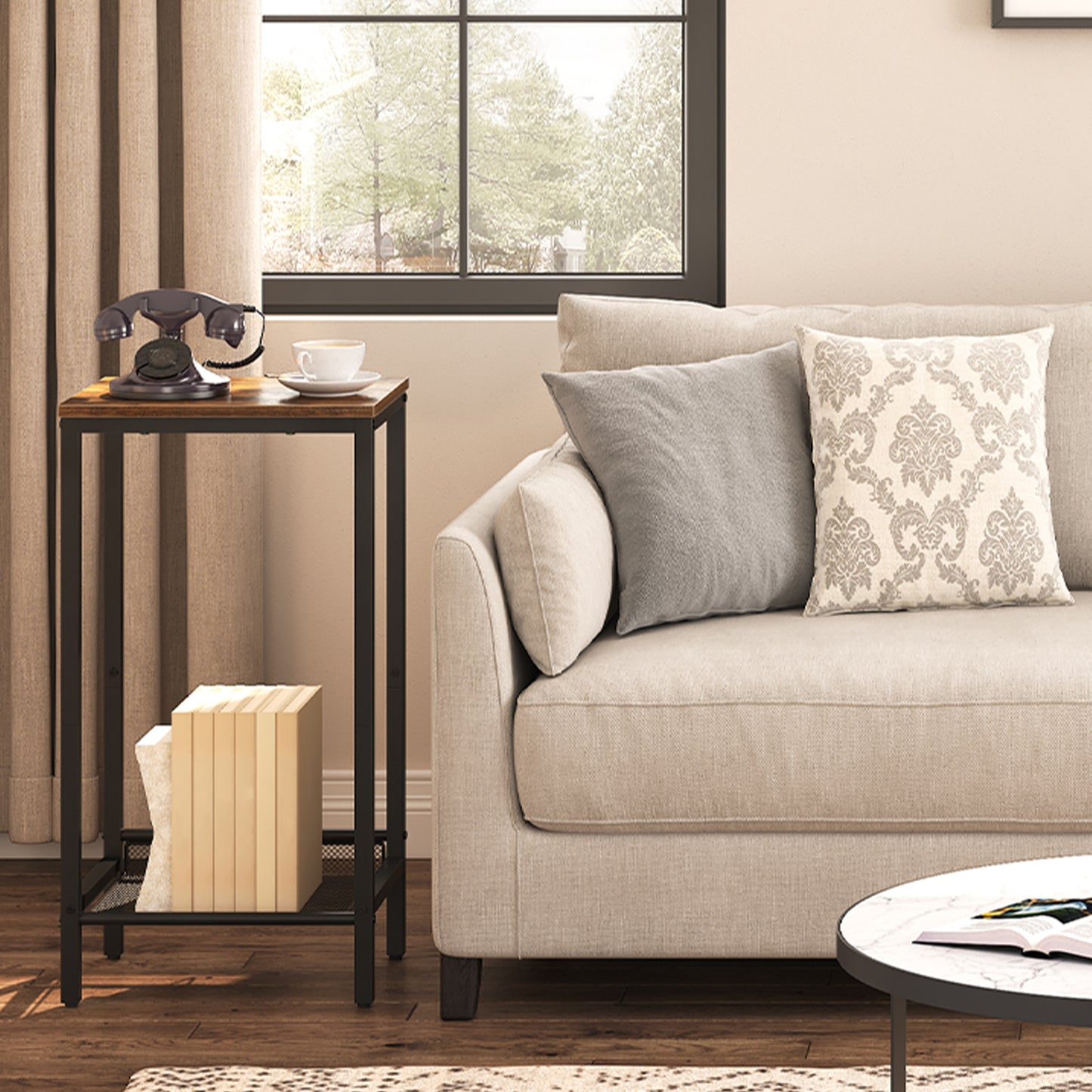 HOOBRO Industrial Style Tall Side Table with Adjustable Mesh Shelf