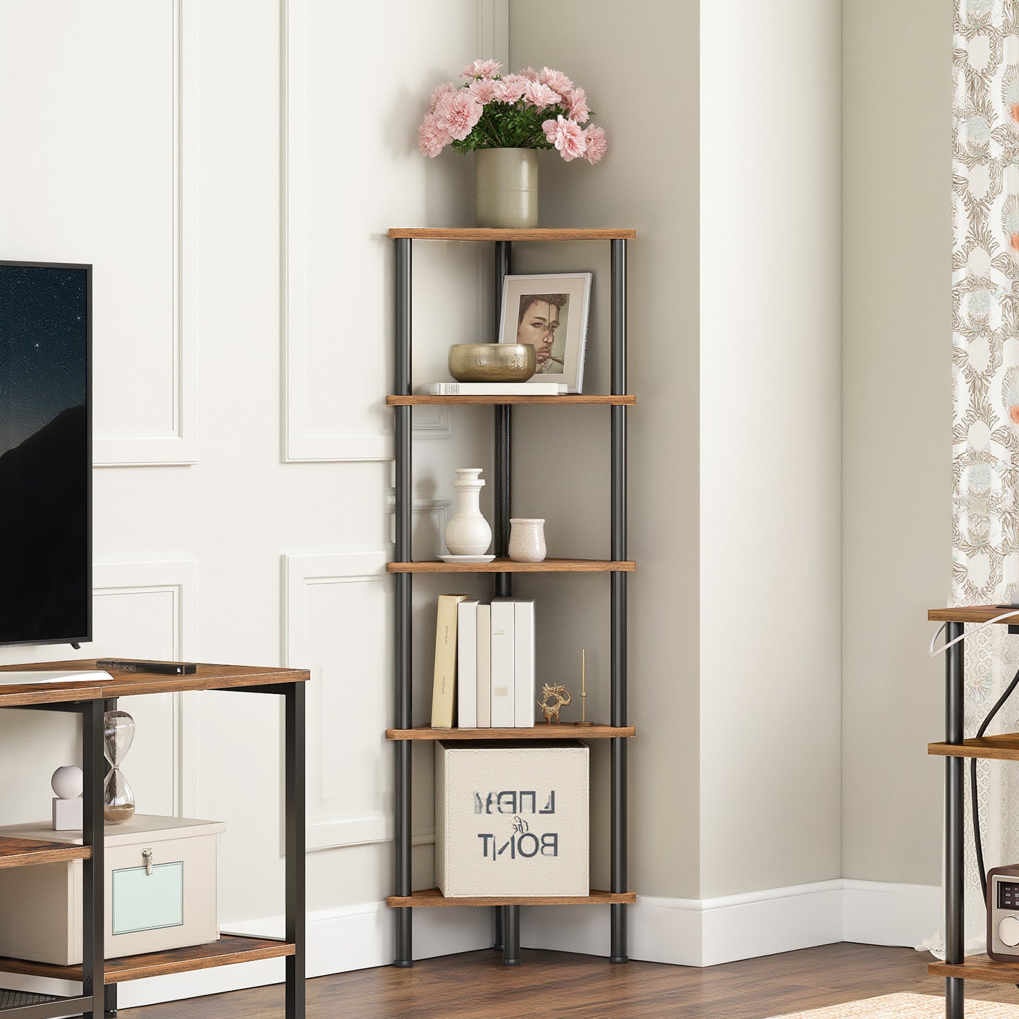 HOOBRO Industrial Style 5-Tier Corner Bookshelf