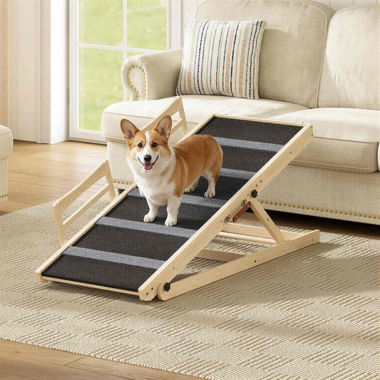 Dog using a pet ramp in a living room