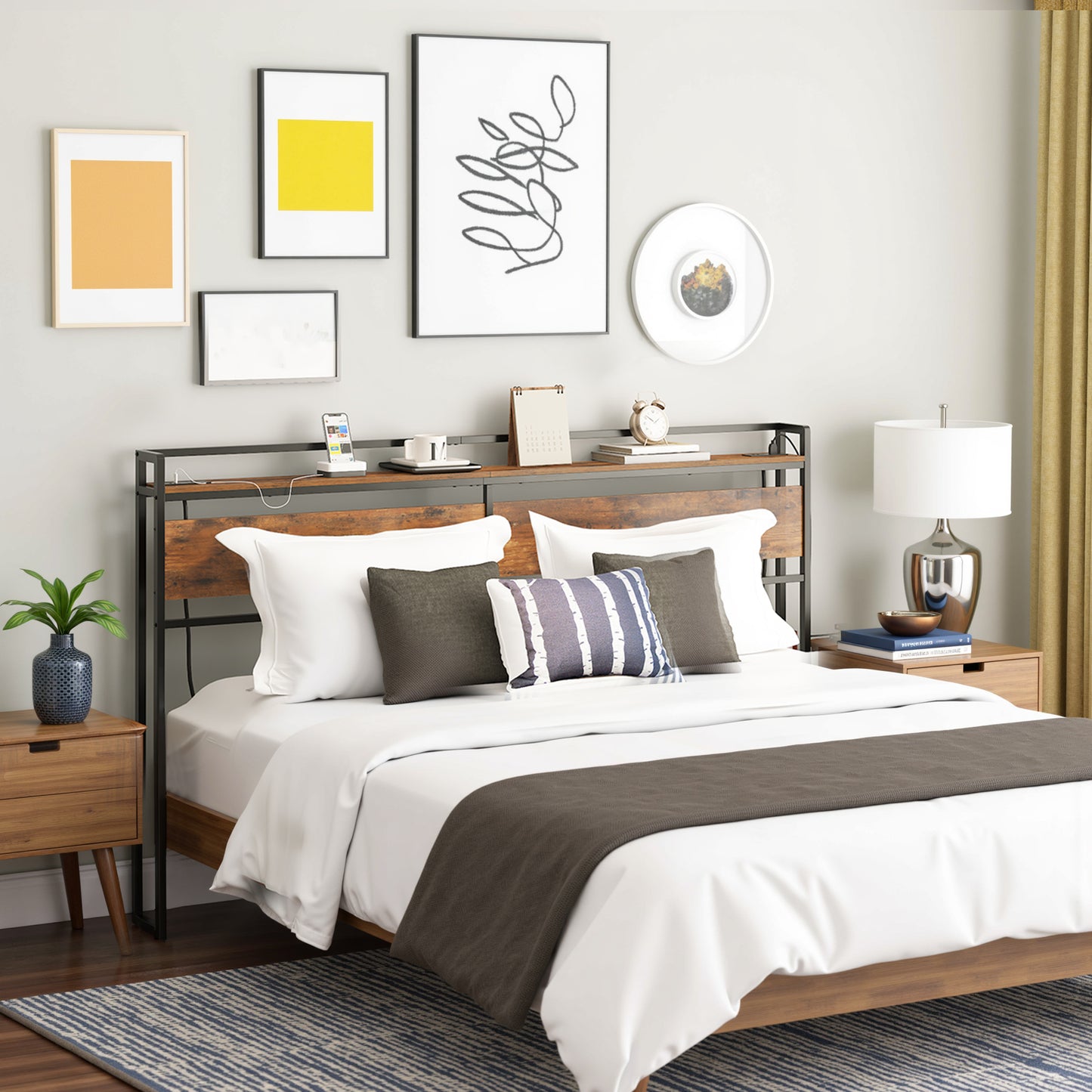 HOOBRO Height-Adjustable Queen Size Headboard with 2 Power Outlets & 4 USB Ports