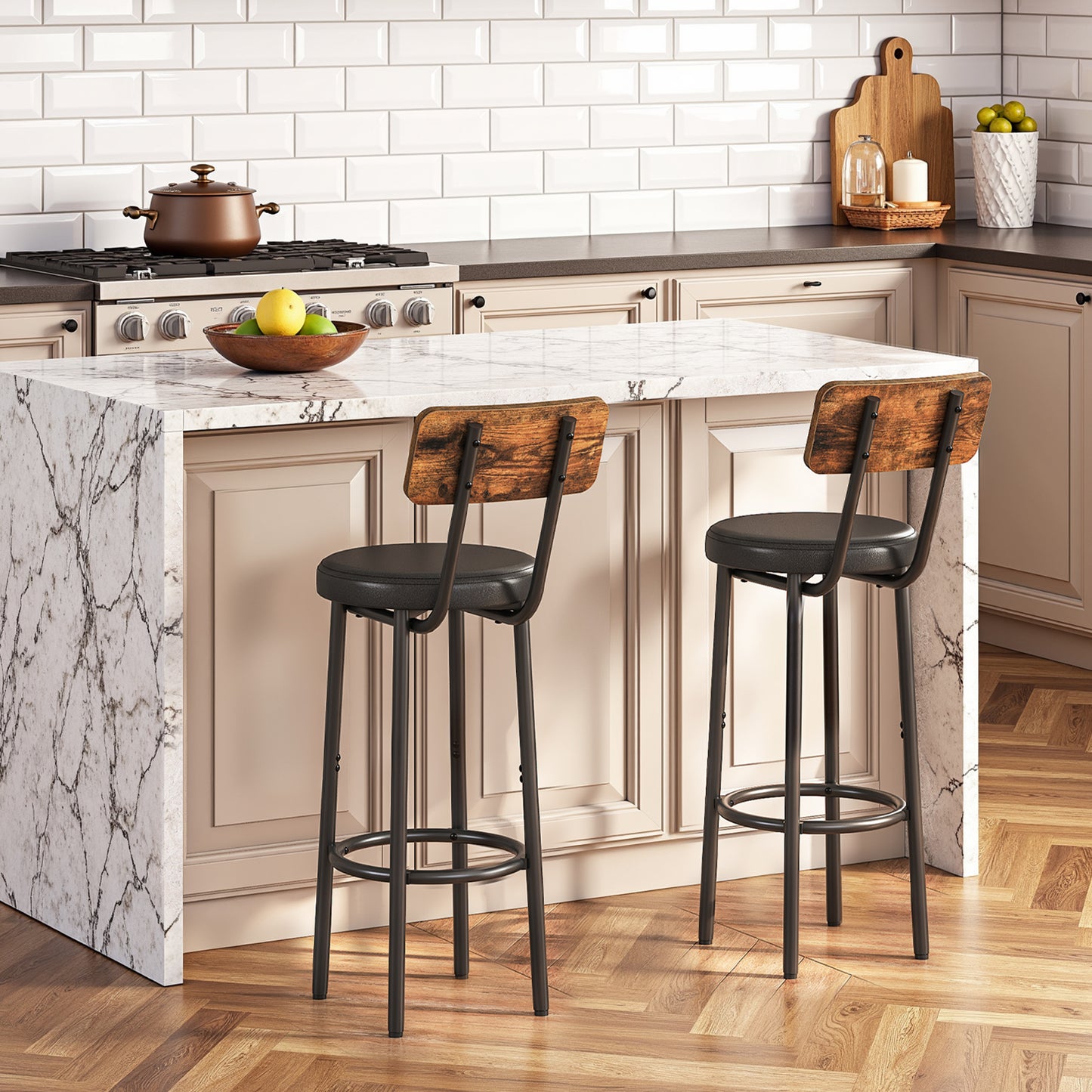 HOOBRO PU Leather Bar Stool with Footrest & Back / 2PICS