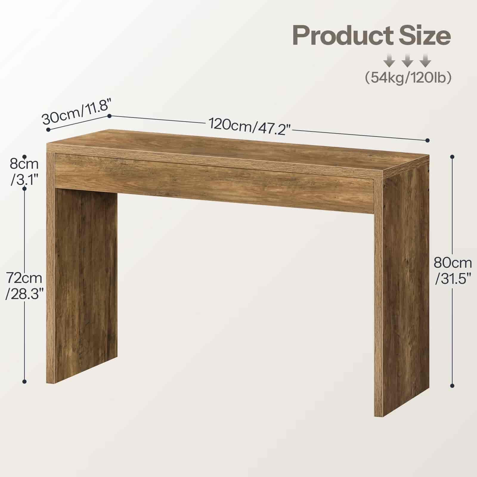 Wooden console table with dimensions on a white background