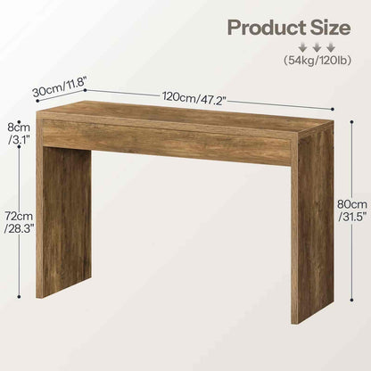 Wooden console table with dimensions on a white background
