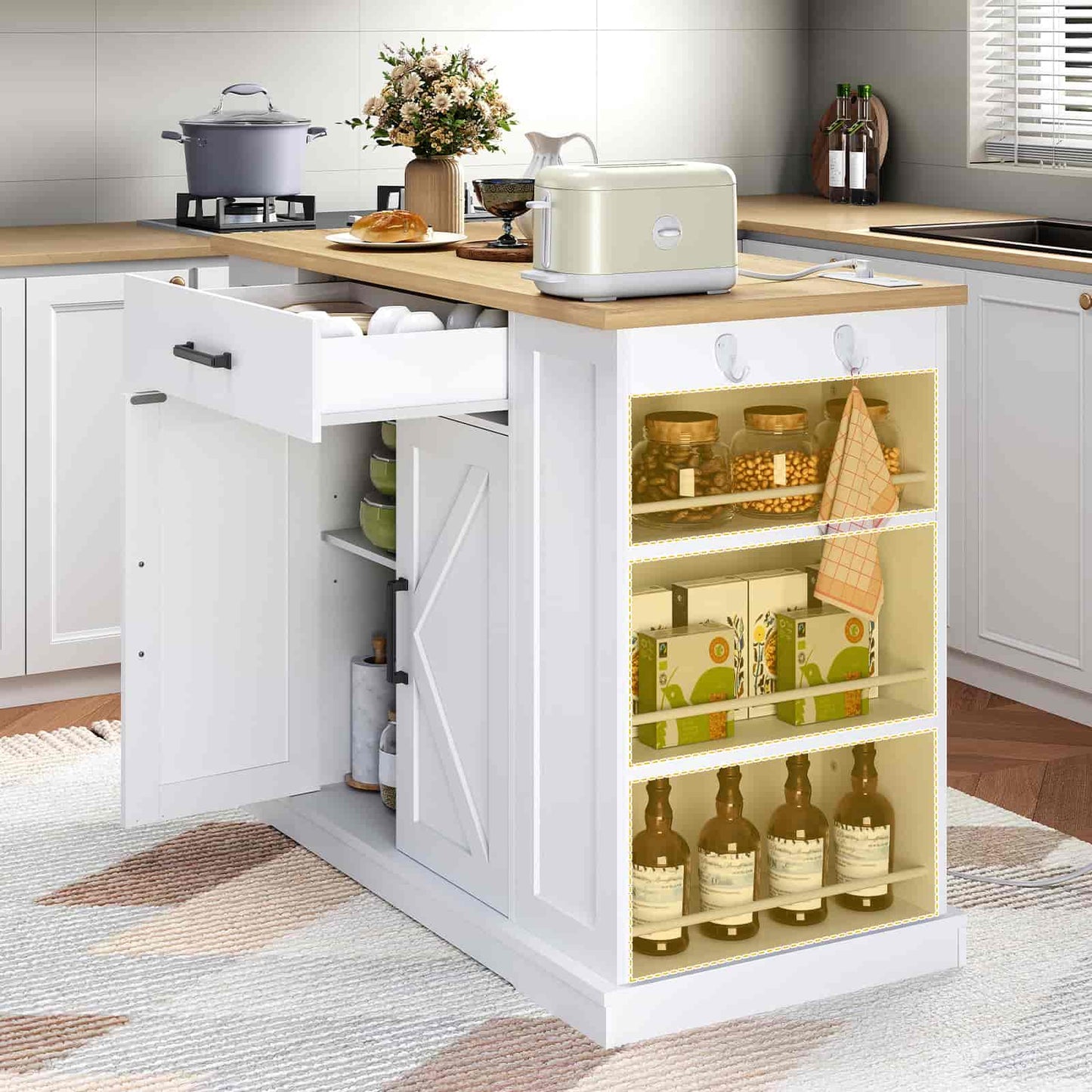 Kitchen island with storage shelves and a drawer in a modern kitchen setting.