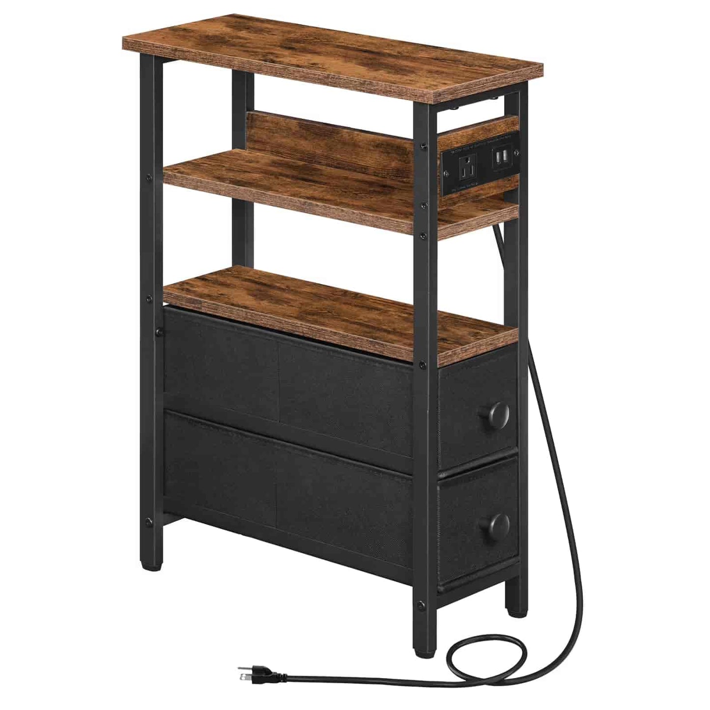 Wooden shelf with black metal frame and power outlet on a white background