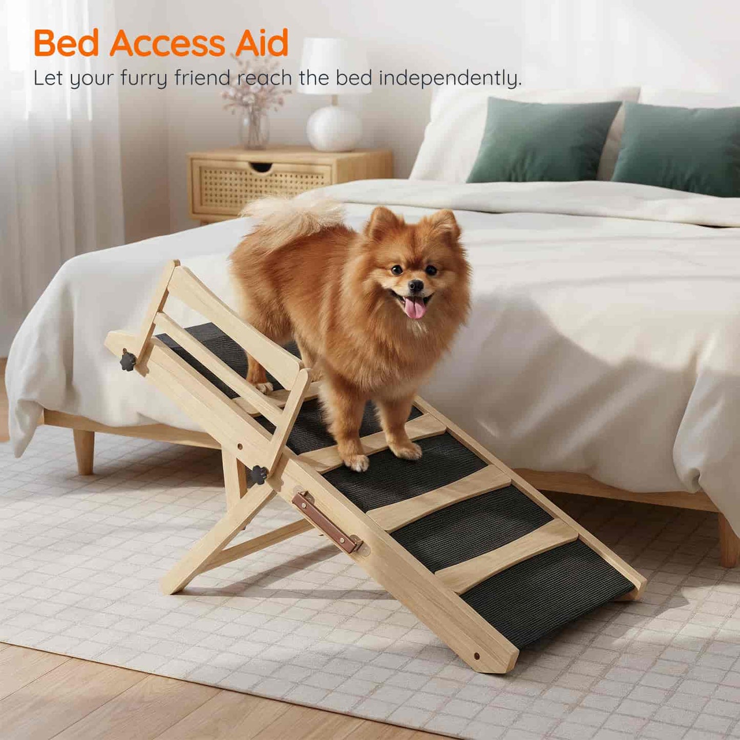 Dog using a wooden pet ramp to reach a bed, with text 'Bed Access Aid' above.