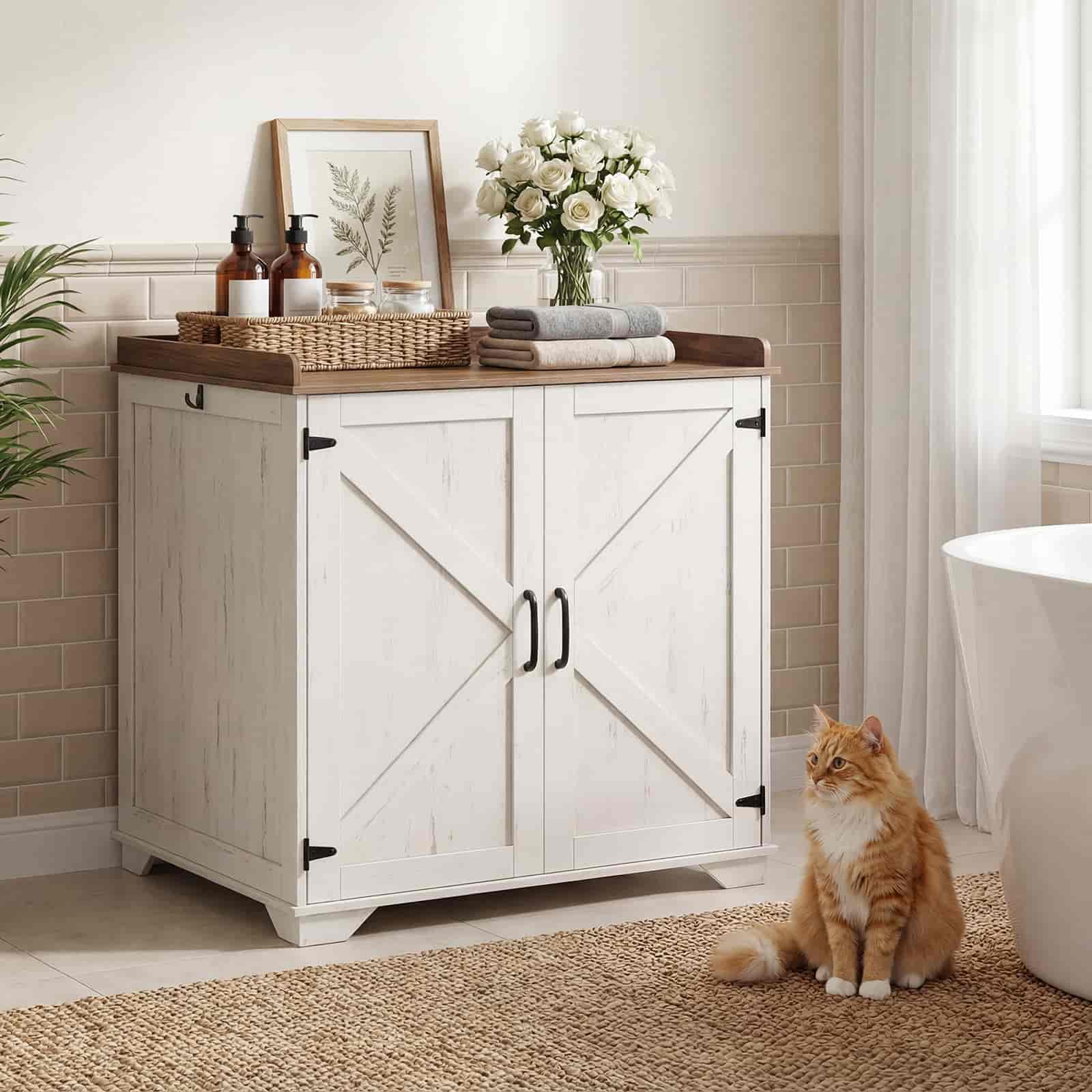 White cabinet with wooden top in a bathroom setting, featuring a cat sitting on the floor.