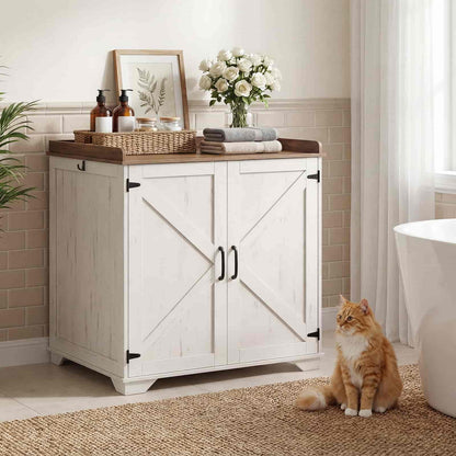 White cabinet with wooden top in a bathroom setting, featuring a cat sitting on the floor.
