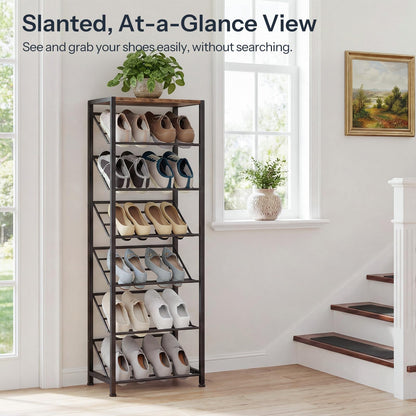 7-tier slanted shoe rack organizer with a wooden top placed in a tight hallway next to a staircase.