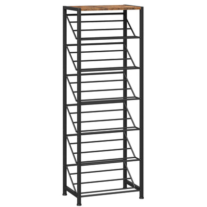 Empty 7-tier wire mesh shoe organizer frame with a rustic brown industrial wooden top shelf.