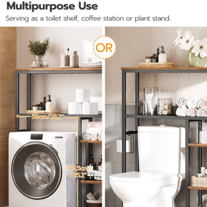 HOOBRO Retro Brown 5-Tier Toilet Above Shelf with Toilet Paper Holder & Hooks