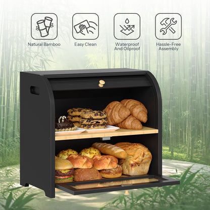 Black bread roll with various bread items on a bamboo background