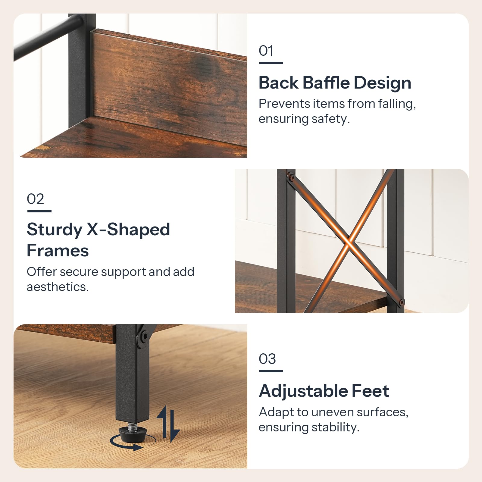 Product features of a shelf with back baffle design, sturdy X-shaped frames, and adjustable feet.